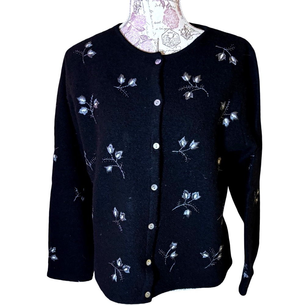 Black Wool Embroidered‎ Floral Button Up Cardigan Sweater L MARISA CHRISTINA